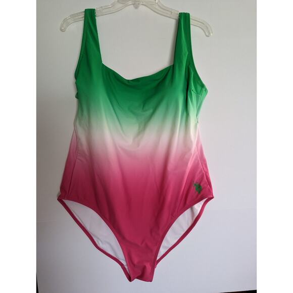 NWT US POLO ASSN LADIES X-LARGE 15-17 OMBRE ONE PIECE SWIMSUIT GREEN PRINT - Picture 1 of 8